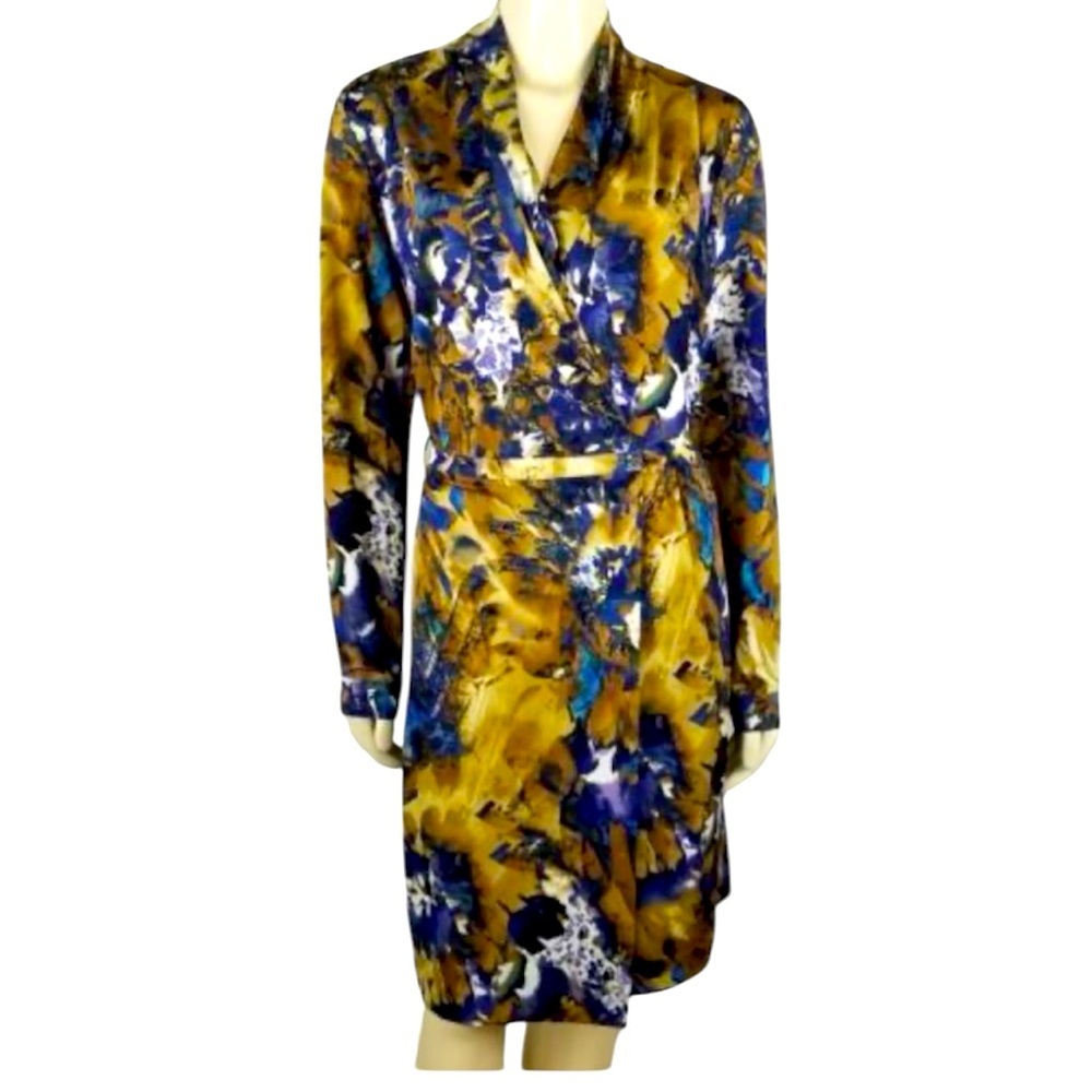 Etcetera by Carlisle Long Sleeve Brown/Blue Floral Wrap Midi Dress Size 8/Medium